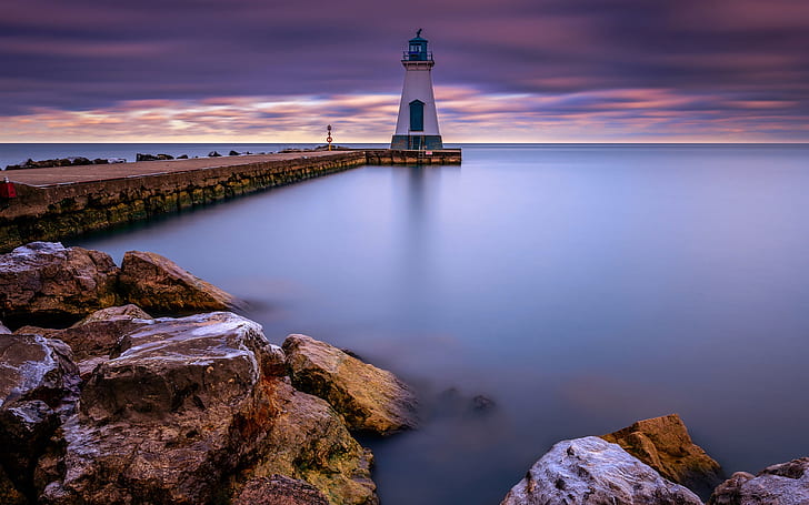 Canada, lake Ontario, Port Dalhousie, lighthouse, dawn, HD wallpaper