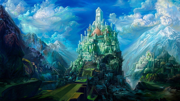 castle, fantasy art, mountains, architecture, built structure, HD wallpaper