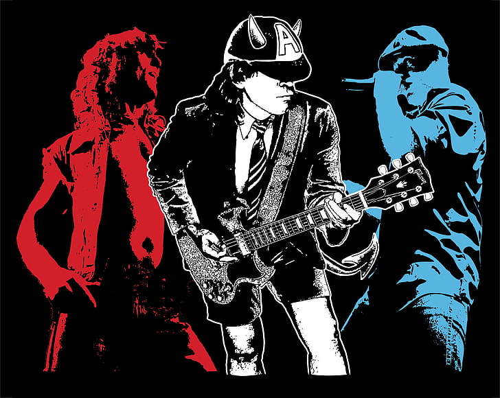 illustration of guitarist, white, blue, red, black, rock, AC/DC, HD wallpaper