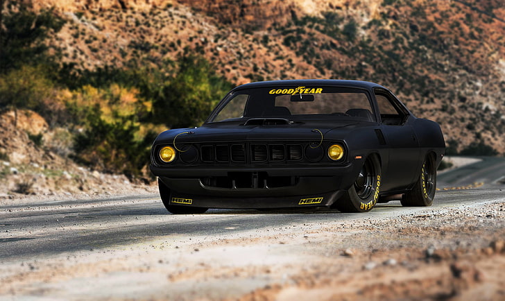 black Dodge Challenger, muscle car, Plymouth, cuda, hemi, hugo silva, HD wallpaper