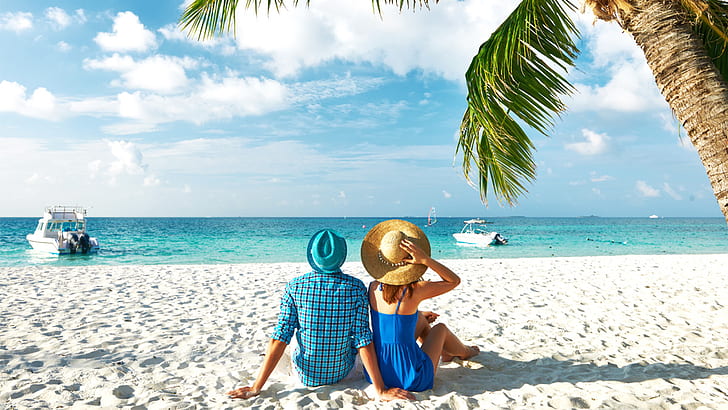 Honeymoon In Mauritius Love Couple Summer Sandy Beach Palm Tree Blue Ocean Wind For Sailing Yacht Blue Sky Hd Wallpaper 2560×1440, HD wallpaper