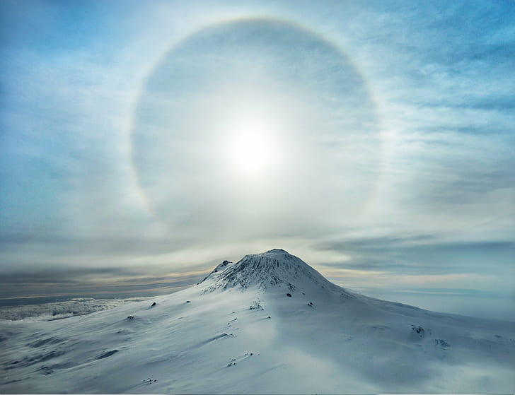 white snow coated mountain, Polar, Sunbow, Erupts, Iced, Volcano