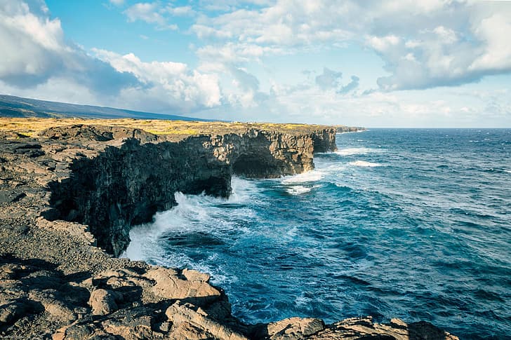 volcano, Hawaii, island, sea, ocean view, waves, coast, cliff, HD wallpaper