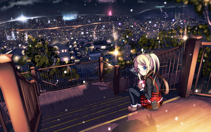 female anime character digital wallpaper, women, night, cityscape