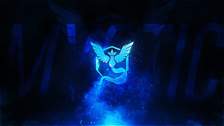 blue Mystic logo, Team Mystic, Pokemon Go, illuminated, dark, HD wallpaper