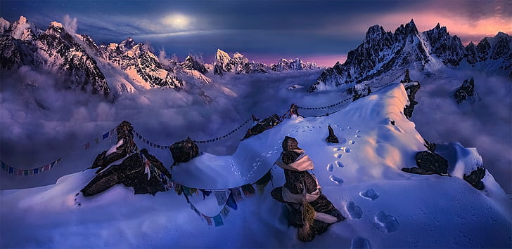 Nature, Landscape, Mountain, Snow, Summit, Moonlight, Sky, Flag, Winter, Cold, Nepal, Himalayas, HD wallpaper