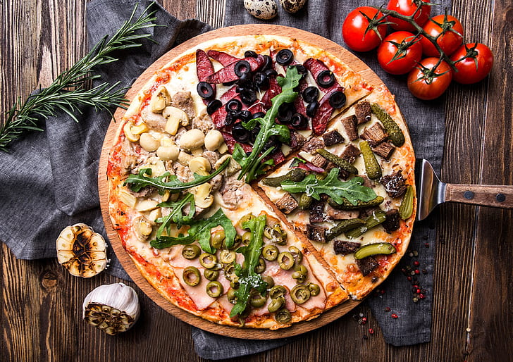mushrooms, pizza, tomatoes, olives, sausage, ham