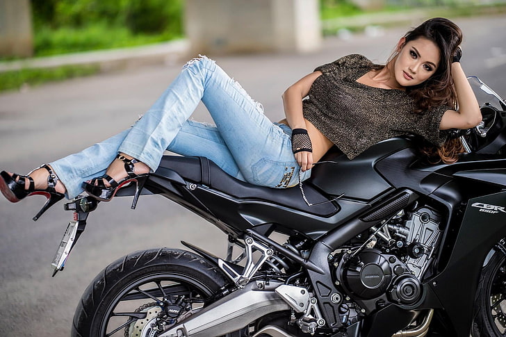 Asian, women, women with motorcycles, high heels, sensual gaze, HD wallpaper