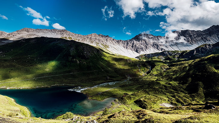mountain digital wallpaper, water, mountains, landscape, green