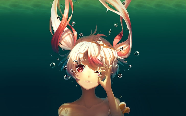 pink haired girl anime character wallpaper, red eyes, underwater