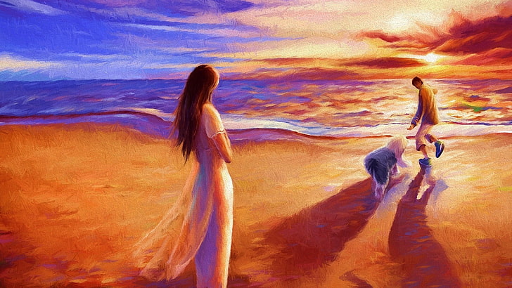 painting, sunset, sky, women, cloud - sky, hairstyle, people, HD wallpaper