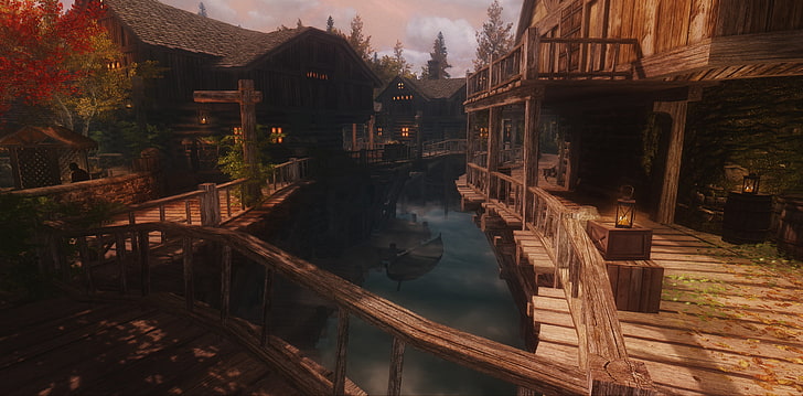 brown wooden dock, The Elder Scrolls V: Skyrim, Riften, fantasy city, HD wallpaper