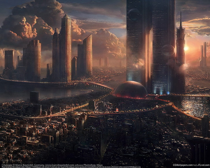 futuristic city, digital art, sky, clouds, cityscape, science fiction
