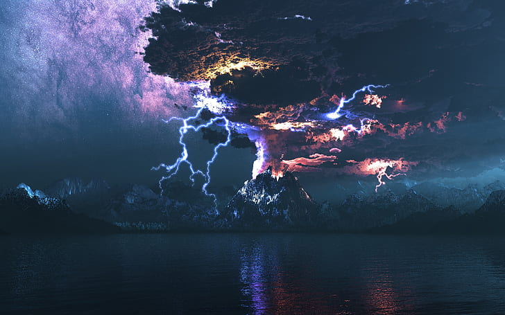 Eruption of a Volcano, night, dark, landscape
