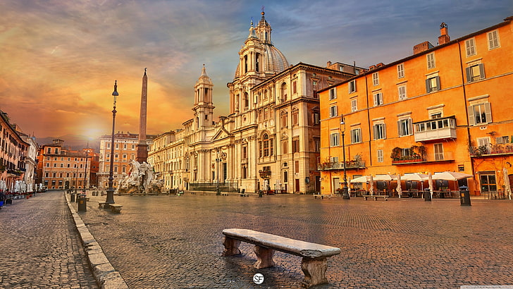 brown and orange painted building, cityscape, sunset, Rome, church, HD wallpaper