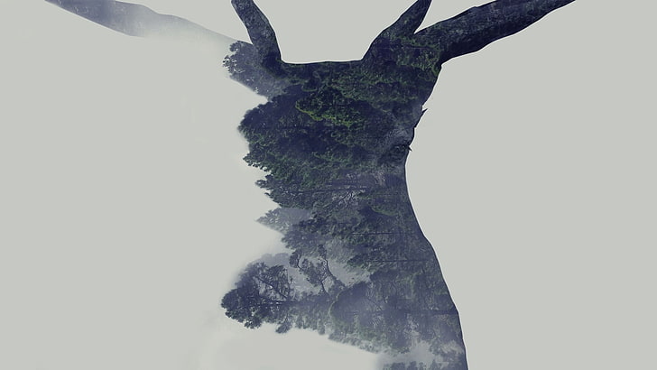 untitled, Photoshop, deer, forest, double exposure, tree, nature, HD wallpaper