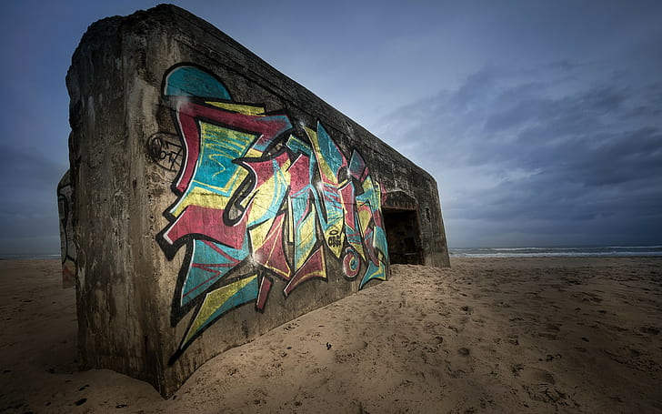beach, wall, graffiti, sand, horizon, sea, shore, clouds