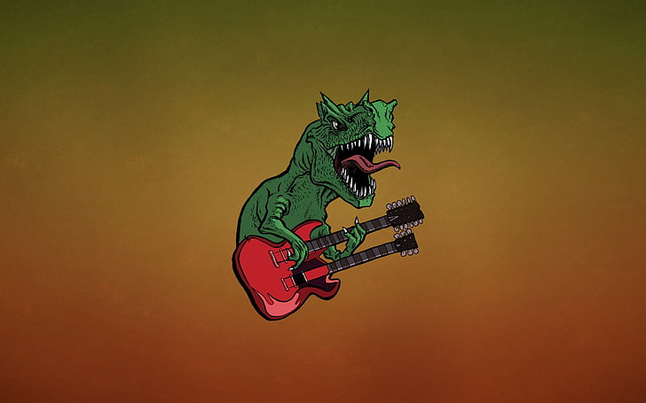 green T-rex playing electric guitar wallpaper, dinosaurs, animal
