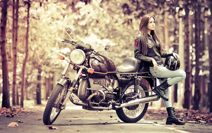 woman leaning on motorcycle sepia photography, women, jeans, brunette