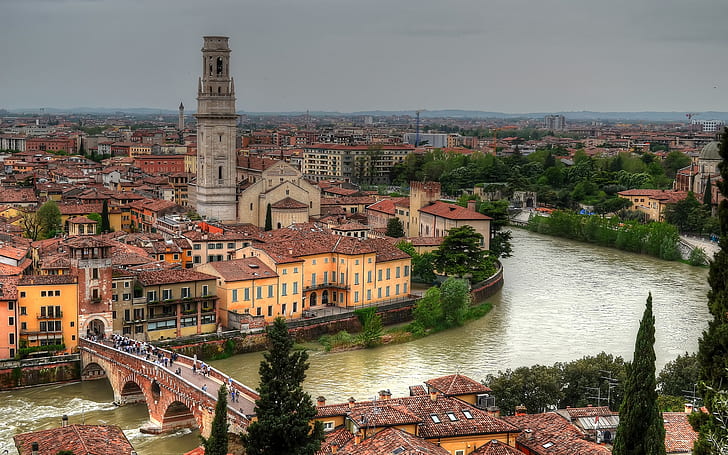 Verona, Italy, Adige River, Ponte Pietra Bridge, buildings, city biulding, HD wallpaper