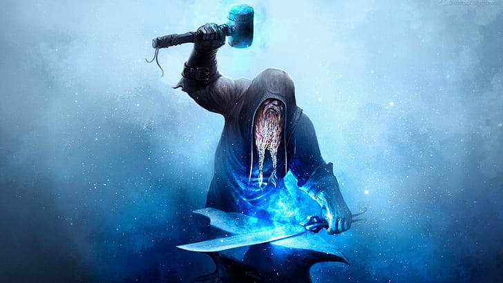 Dwarf in a Hood with a Magic Weapon HD, artwork, beard, blue, HD wallpaper
