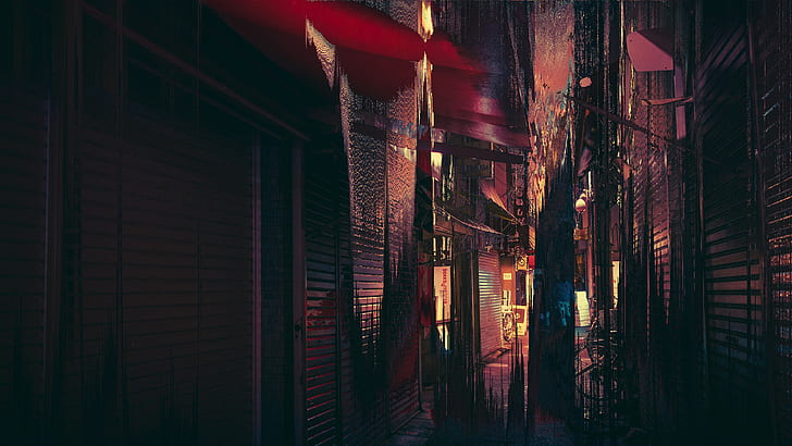 alleyway, Japan, abstract, vaporwave
