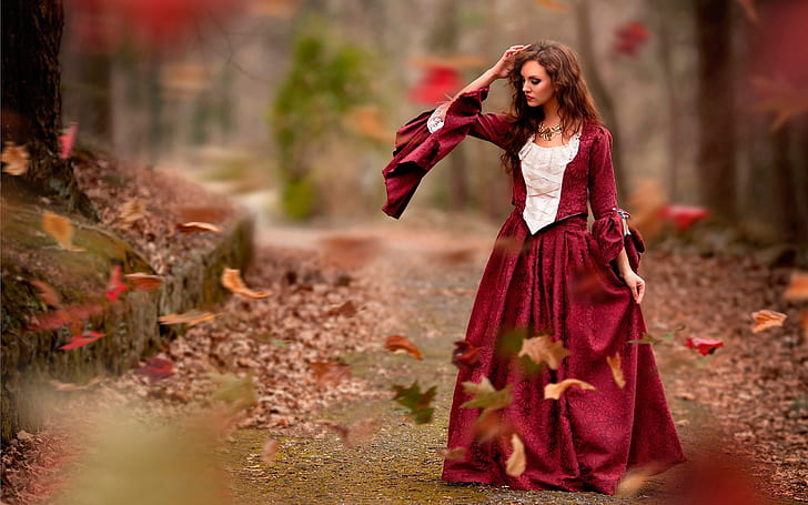 Autumn, leaves, red dress girl, wind, HD wallpaper