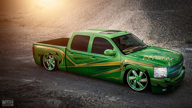 green Chevrolet Silverado crew cab truck, lowrider, pickup, car, HD wallpaper