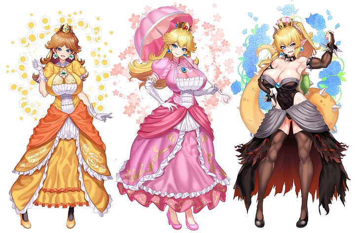 Nez-Box, Super Mario, video game girls, Princess Peach, Bowsette, HD wallpaper