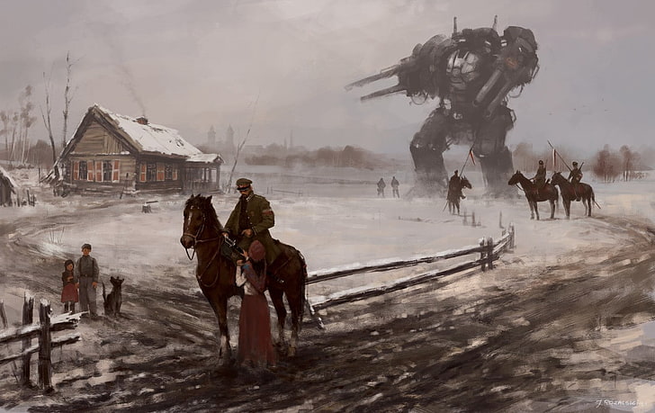 robot and people digital wallpaper, mech, science fiction, horse