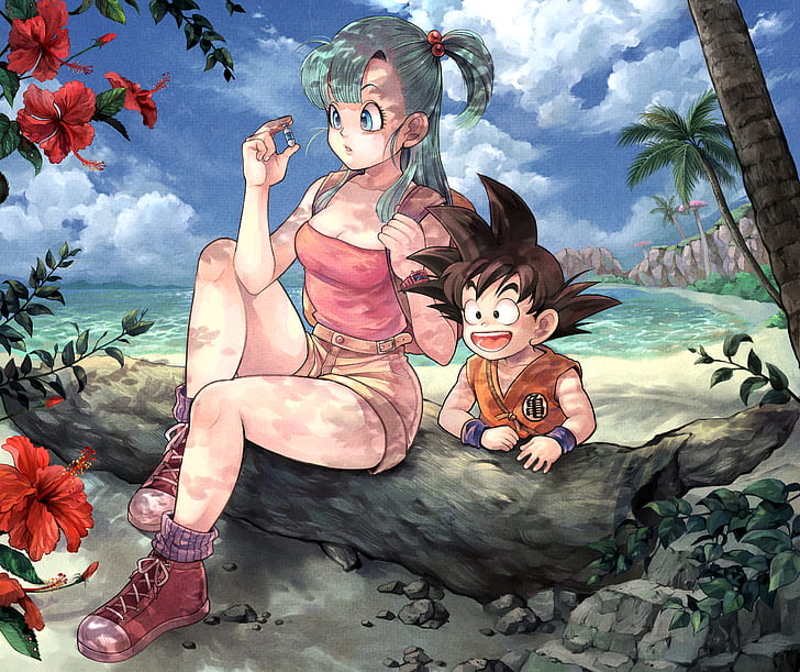 Dragon Ball, Young Bulma, beach, Capsule, Young Goku, anime, HD wallpaper