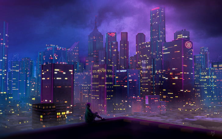Girl, Night, The city, Skyscrapers, 80s, Neon, 80's, Synth, HD wallpaper