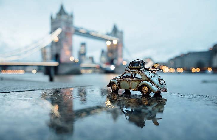 gray toy car, water, city, urban, rain, toys, London, illuminated, HD wallpaper