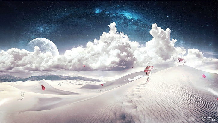 person walking on desert, Desktopography, space, clouds, planet