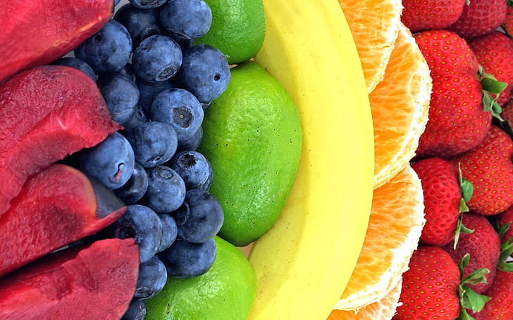 Rainbow fruits, strawberry, orange, banana, lemon, blackberry, plum, HD wallpaper