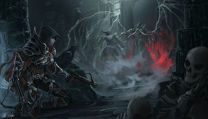 skull and monster digital wallapaper, Diablo III, video games