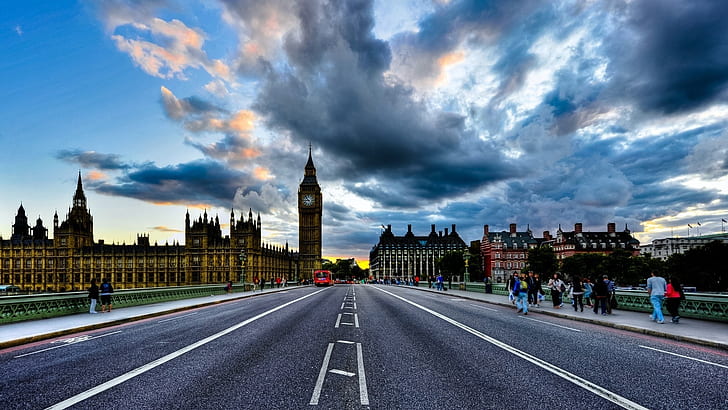 London, UK, road, bridge, Big Ben, cityscape, clouds, sky, Westminster, HD wallpaper
