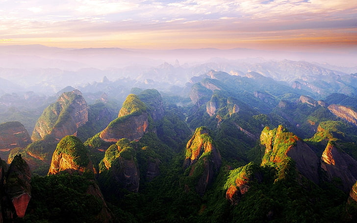 landscape photography of mountains, sunset, China, mist, clouds