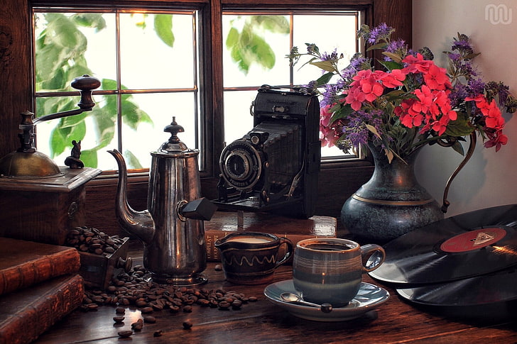 stainless steel kettle, flowers, retro, books, coffee, bouquet