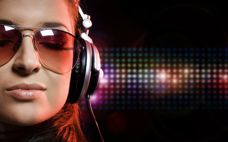 gray and black corded headphones, music, glasses, women, people, HD wallpaper