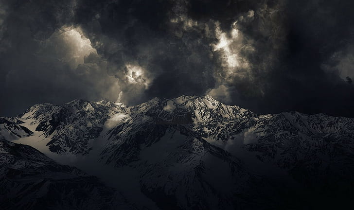 clouds, Dark, landscape, mountains, nature, Snowy Peak, storm, HD wallpaper