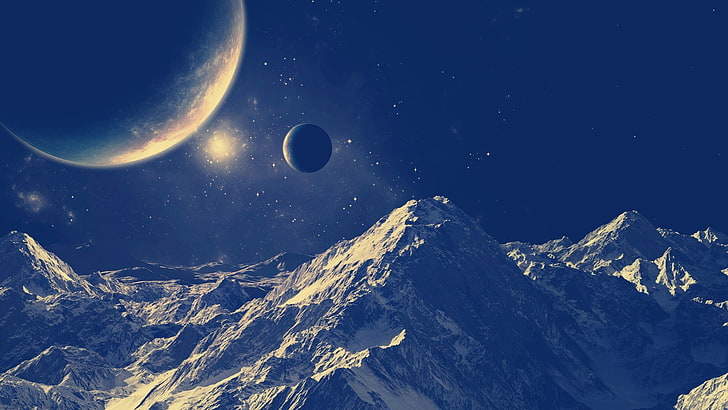 moon above mountains, space, space art, nature, digital art, astronomy, HD wallpaper