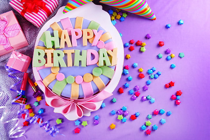 round fondant Happy birthday cake, candles, sweet, decoration, HD wallpaper