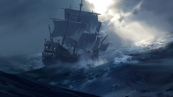 sea, ship, ocean, wave, artwork, artistic, wind wave, manila galleon, HD wallpaper