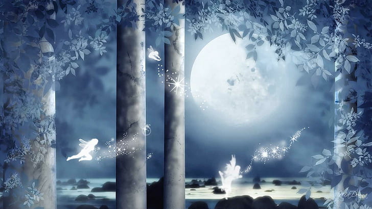 Fairy Blue Forrest, magical, fantasy, pretty, white, trees, fairies, HD wallpaper