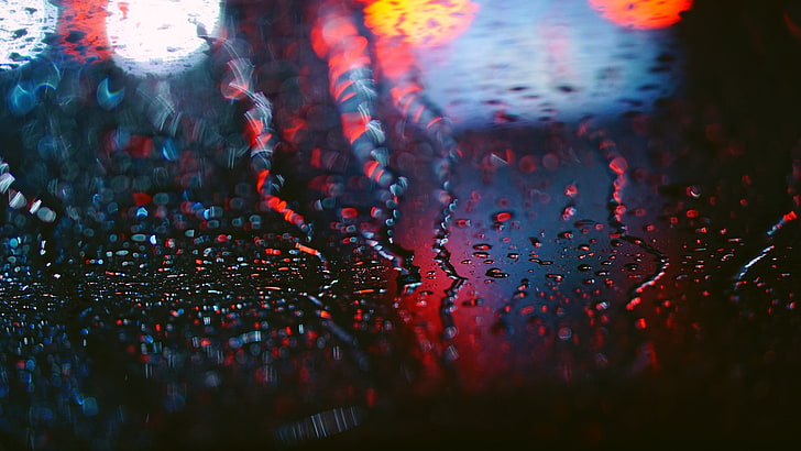window, water, rain, red, reflection, lights, photography, water drops, HD wallpaper