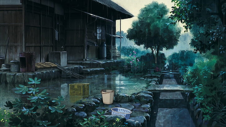 HD wallpaper: rain, trees, bucket, anime, house, outdoors | Wallpaper Flare