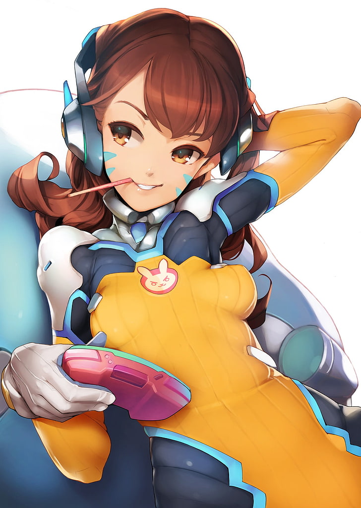 brown-haired female anime character holding yellow controller