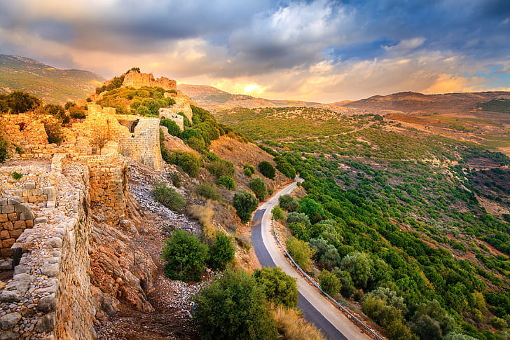 road, mountains, stones, valley, the ruins, fortress, the bushes, HD wallpaper