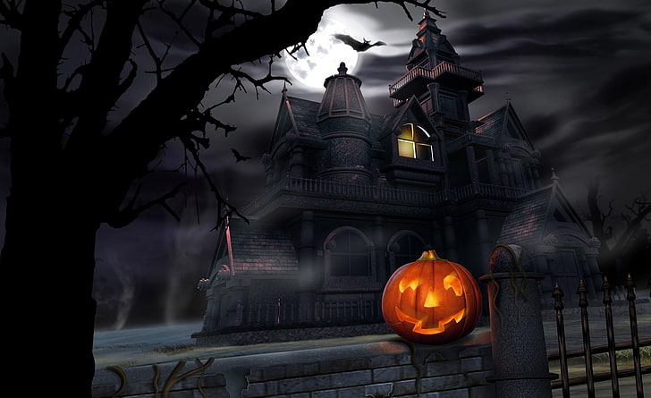 Spooky House Bats Pumpkin Full Moon Hallowmas..., haunted house video game setting wallpaper, HD wallpaper